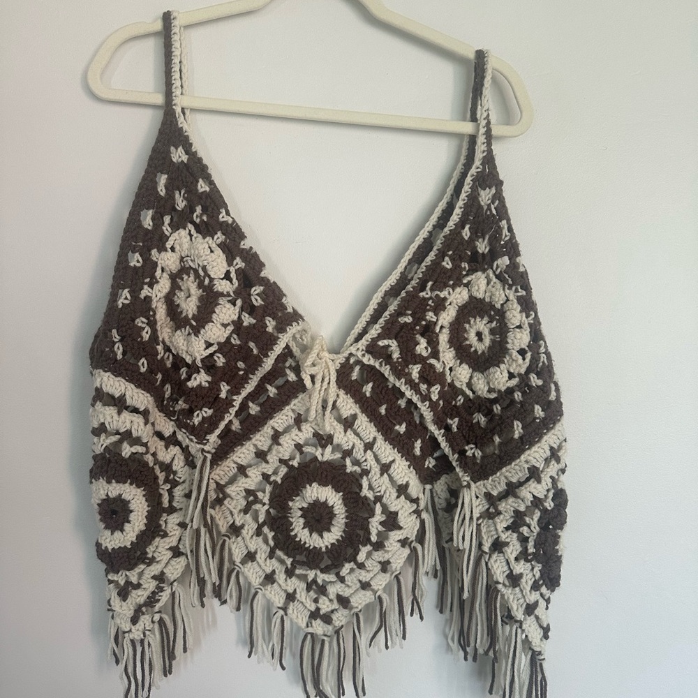 Handmade Crochet Granny Square Fringe Crop Top‎ – Brown/Cream – OS